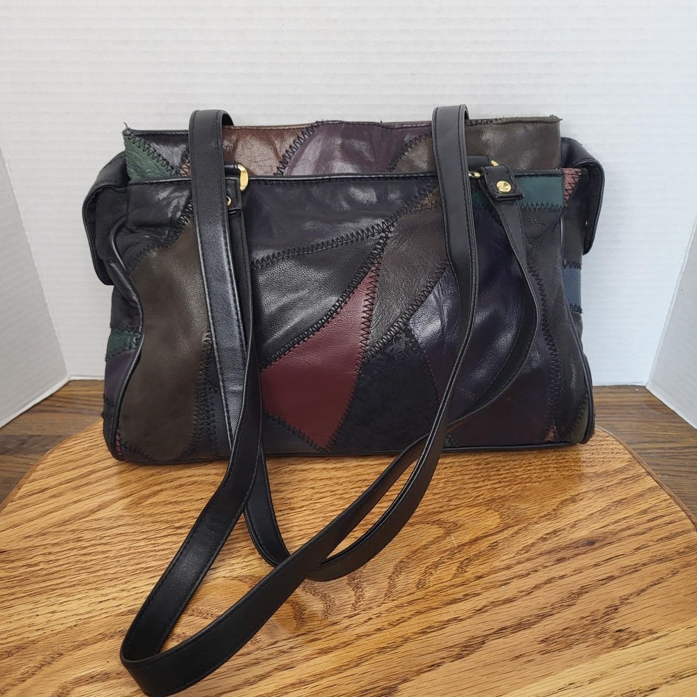 VTG Multicolor Leather Patchwork Purse Shoulder Bag Handbag Hippie Boho
